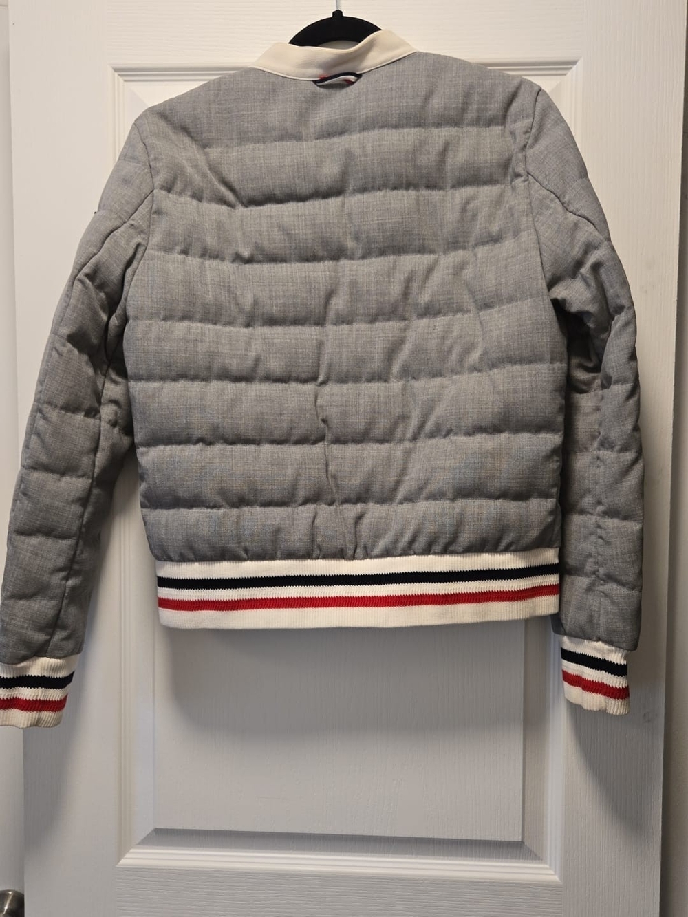 Moncler Gamme Bleu Light Gray Quilted Varsity Jacket with Ivory Trim - Picture 2 of 4